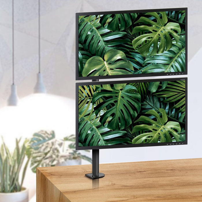 Maclean MC-967 Double Vertical Monitor Desk Mount Screen Holder max VESA 100x100, 13-27", 2x 9kg Powder Coated Tilting Rotating Adjustable