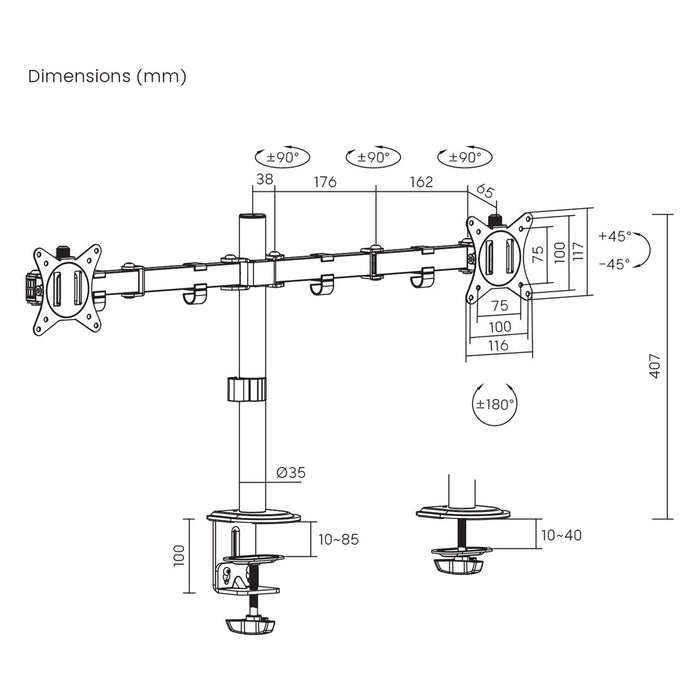 Maclean desk mount for 2 monitors, VESA 75x75 and 100x100, 17-32", 2x 9kg, MC-754N