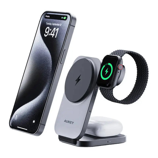 Magnetic Wireless Charger 3 in 1 MagFusion Aukey LC-MC312 15W Qi2 (gray) - Wireless chargers<<<Chargers<<<GSM