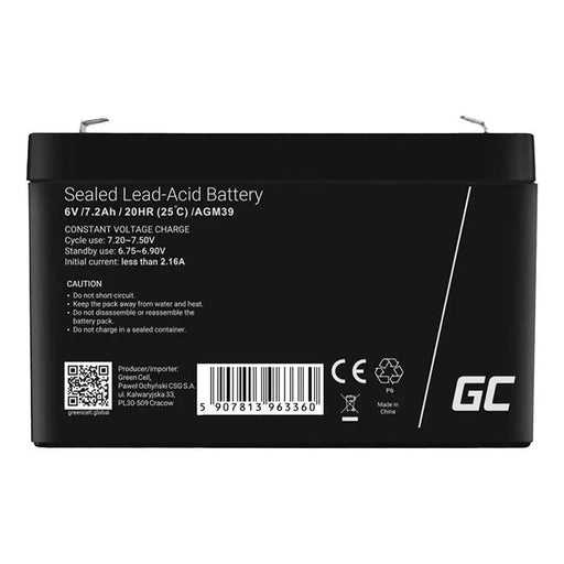 Maintenance-free AGM VRLA Battery Green Cell AGM39 6V 7.2Ah (for alarm system cash register toy)