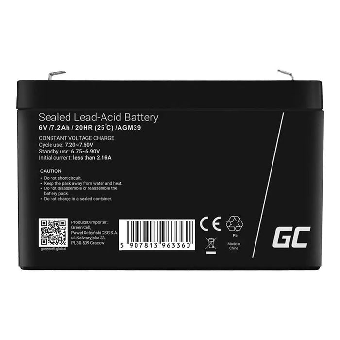 Maintenance-free AGM VRLA Battery Green Cell AGM39 6V 7.2Ah (for alarm system cash register toy)