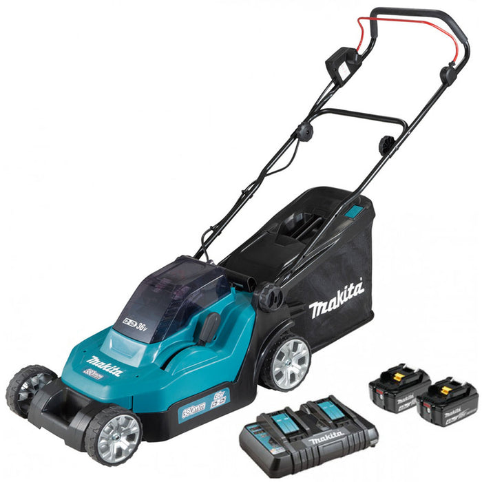 BATTERY MOWER MAKITA DLM382PT2 36 V, MOWING WIDTH 38.00 cm, NUMBER OF BATTERIES 2, 5.00 Ah