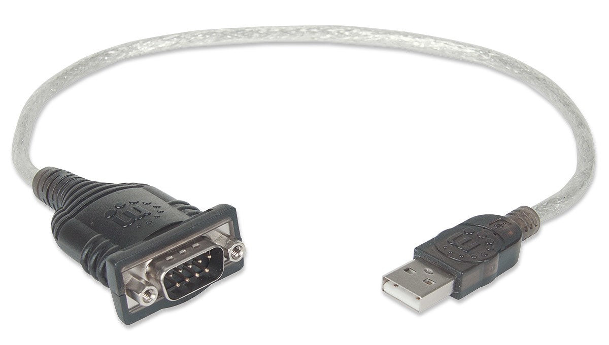 Manhattan USB-A to Serial Converter cable, 45cm, Male to Male, Serial/RS232/COM/DB9, Prolific PL-2303RA Chip, Black/Silver cable, Three Year Warranty, Equivalent to ICUSB232V2