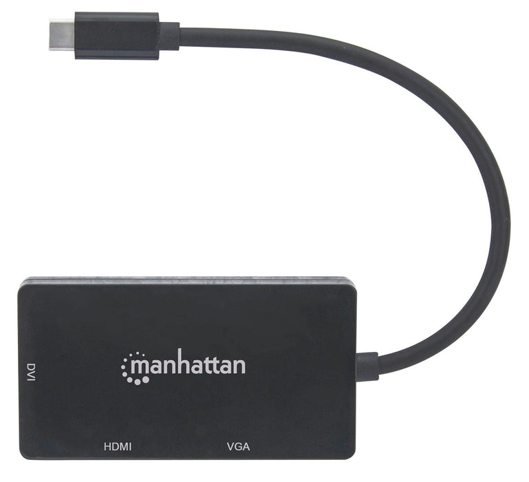 Manhattan USB-C Dock/Hub, Ports (x3): DVI-I, HDMI and VGA Ports, Note: Only One Port can be used at a time, External Power Supply Not Needed, Universal for all devices, Cable 10cm, Black, Three Year Warranty