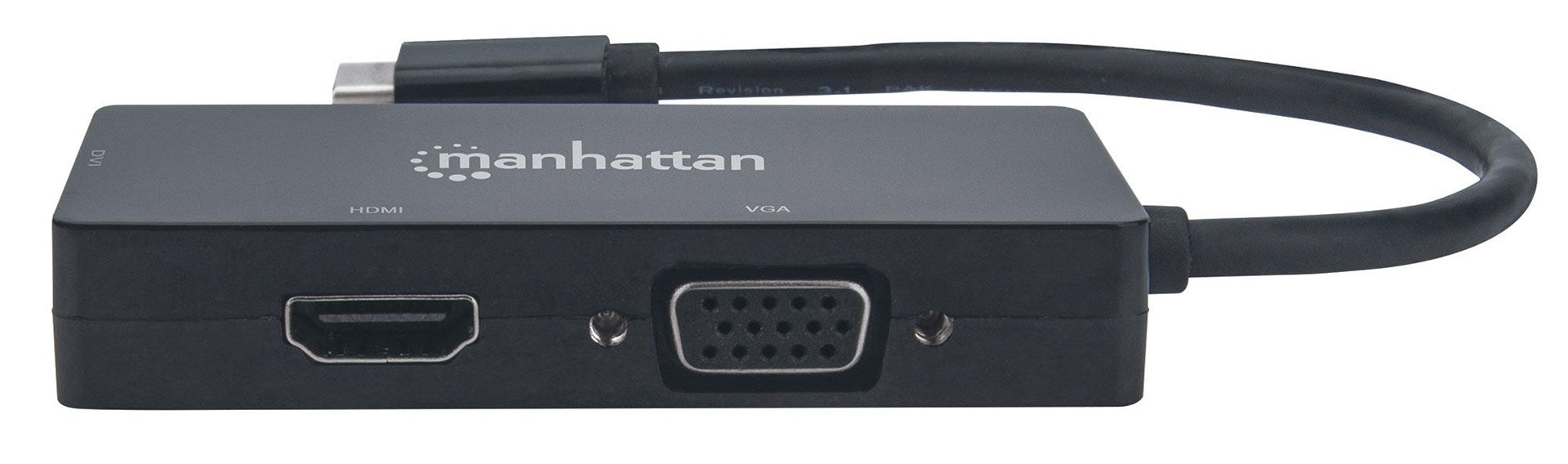 Manhattan USB-C Dock/Hub, Ports (x3): DVI-I, HDMI and VGA Ports, Note: Only One Port can be used at a time, External Power Supply Not Needed, Universal for all devices, Cable 10cm, Black, Three Year Warranty