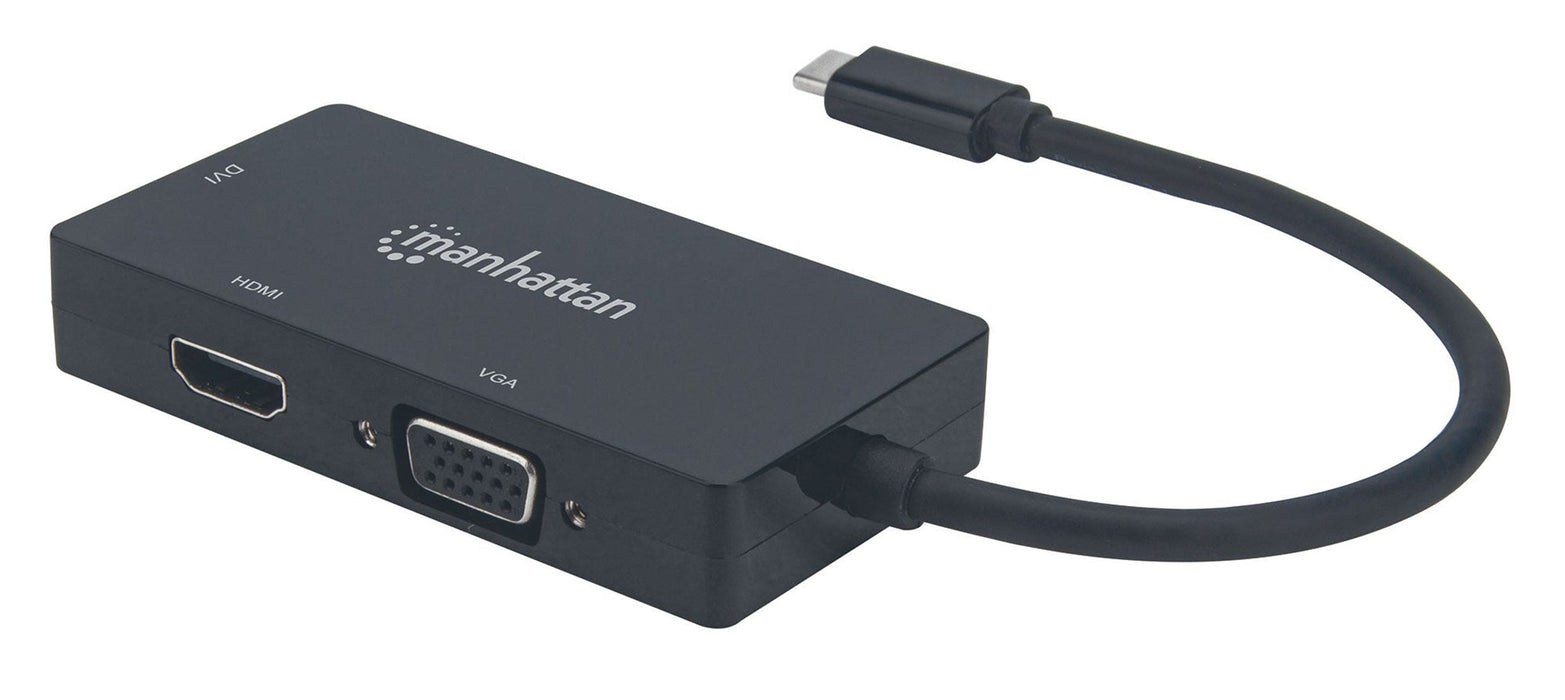 Manhattan USB-C Dock/Hub, Ports (x3): DVI-I, HDMI and VGA Ports, Note: Only One Port can be used at a time, External Power Supply Not Needed, Universal for all devices, Cable 10cm, Black, Three Year Warranty