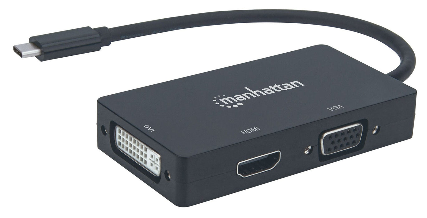 Manhattan USB-C Dock/Hub, Ports (x3): DVI-I, HDMI and VGA Ports, Note: Only One Port can be used at a time, External Power Supply Not Needed, Universal for all devices, Cable 10cm, Black, Three Year Warranty