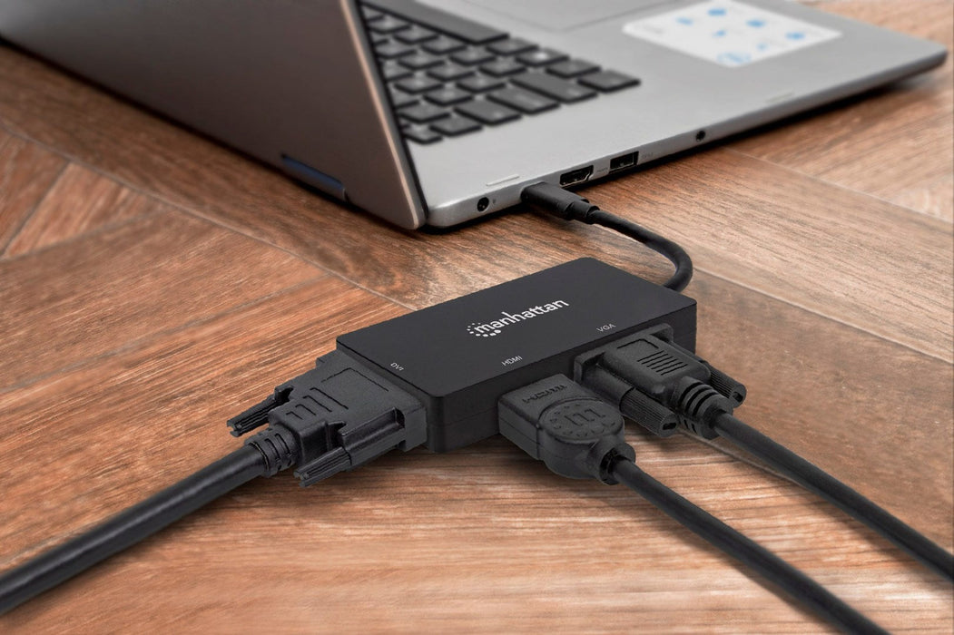Manhattan USB-C Dock/Hub, Ports (x3): DVI-I, HDMI and VGA Ports, Note: Only One Port can be used at a time, External Power Supply Not Needed, Universal for all devices, Cable 10cm, Black, Three Year Warranty