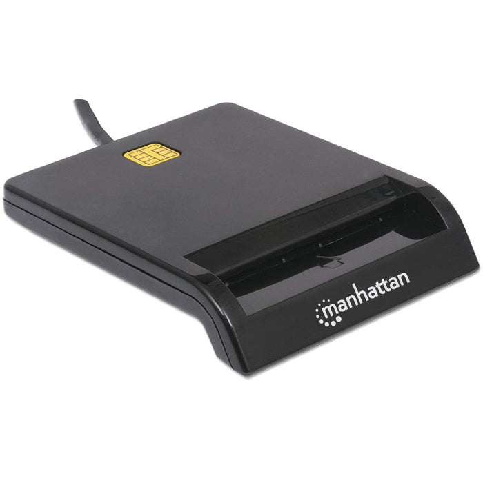 Manhattan USB-A Contact Smart Card Reader, 12 Mbps, Friction type compatible, External, Windows or Mac, Cable 105cm, Black, Three Year Warranty