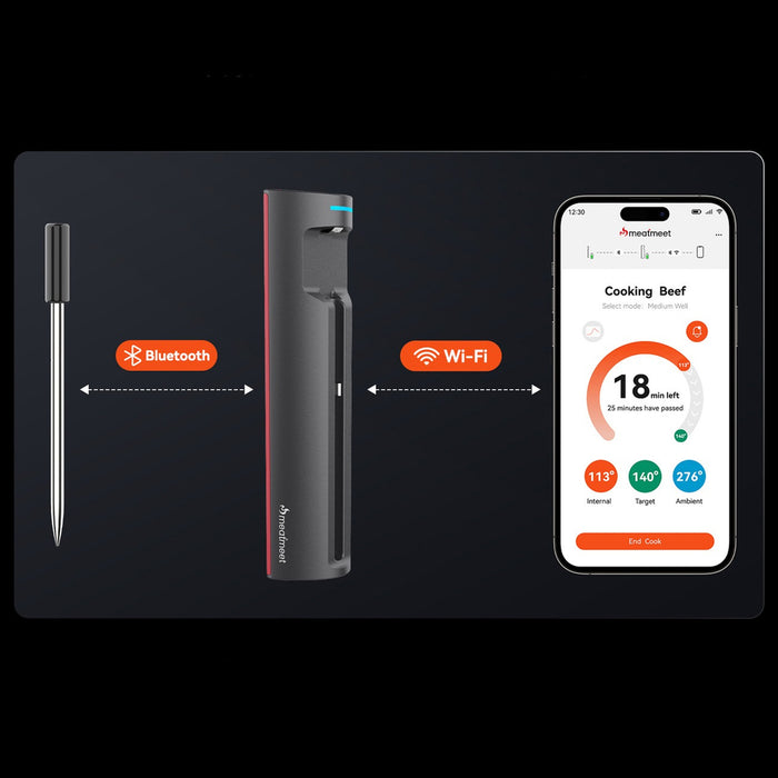 Meatmeet Pro smart kitchen thermometer with Bluetooth/WiFi app, grill, oven, smoker - black
