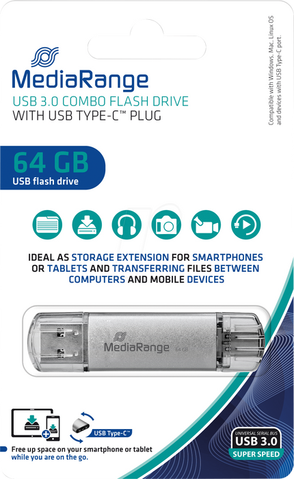 MediaRange USB 3.0 combo flash drive, with USB Type-C™ plug, 64GB