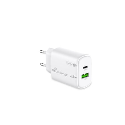 MediaRange Fast charging adapter 25W GaN 1x USB-C and 1x USB-A, White