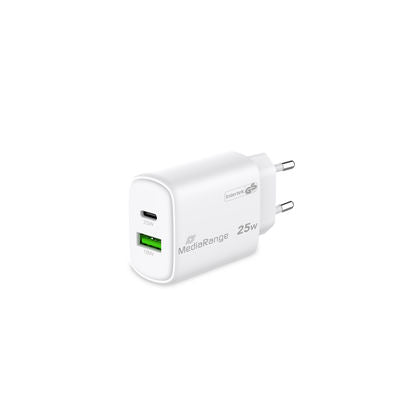 MediaRange Fast charging adapter 25W GaN 1x USB-C and 1x USB-A, White