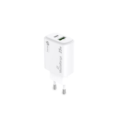 MediaRange Fast charging adapter 25W GaN 1x USB-C and 1x USB-A, White