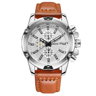 Men’s waterproof quartz watch with leather strap OCHSTIN 075B - silver - Men’s Watches