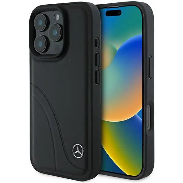 Mercedes MB Curved Stitches Leather iPhone 16 Pro Case - Black - Cell phone cases and covers<<<HurtelXML