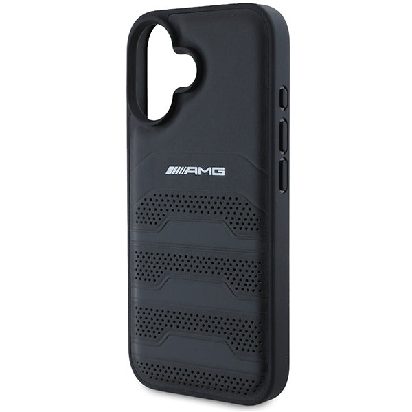 AMG Leather Debossed Lines Black Logo iPhone 16 Case - Black