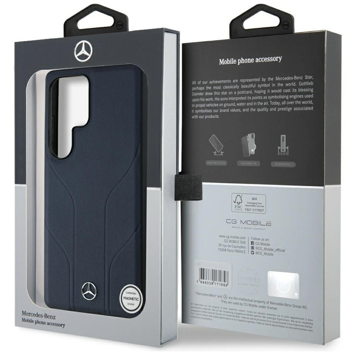 Mercedes Leather Debossed Lines MagSafe Case for Samsung Galaxy S25 Ultra - Blue