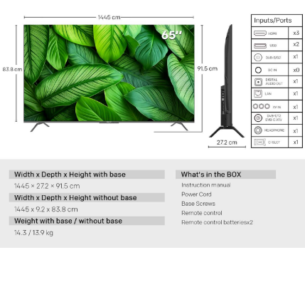 METZ TV 65" UHD LED SMART TV, 4K, Google TV, Frameless