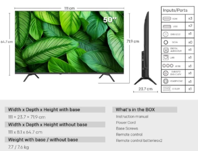 METZ TV 50" UHD LED SMART TV, 4K Ultra HD, Google TV, Frameless