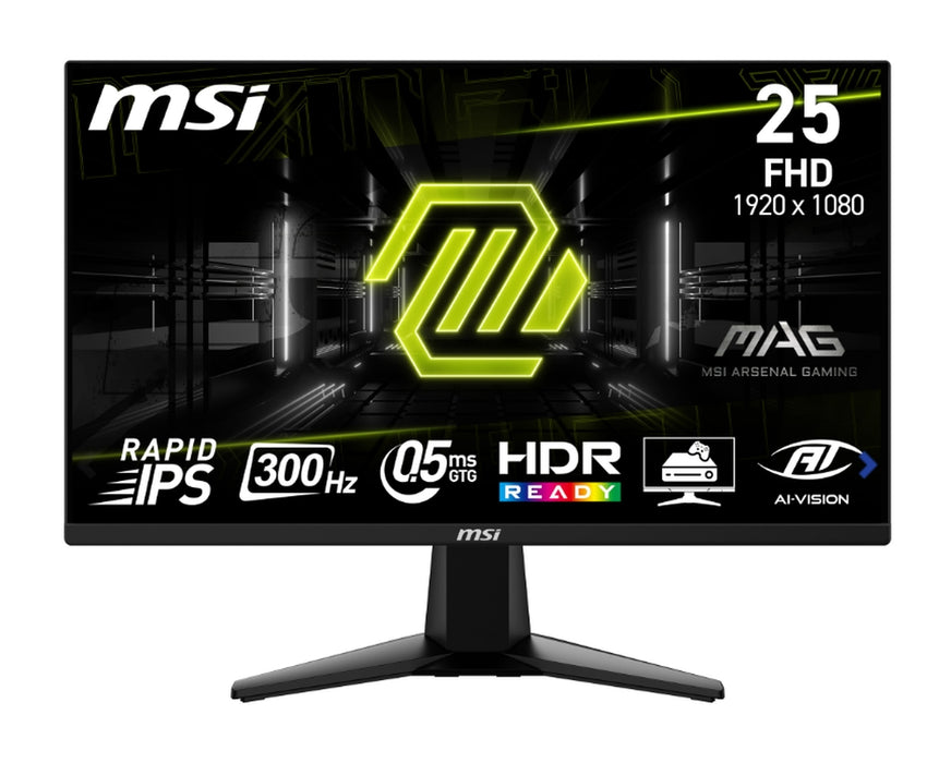 MSI MAG 255XF, 24.5", 0.5ms, 300Hz, Rapid IPS, 1920x1080 (FHD), 16:9, AMD FreeSync Premium, 90% DCI-P3, AG, HDR Ready, 250 nits, 1000:1, DCR 100M:1, DP(1.4a), 2xHDMI 2.0b, Tilt, VESA, Black, 3.3kg