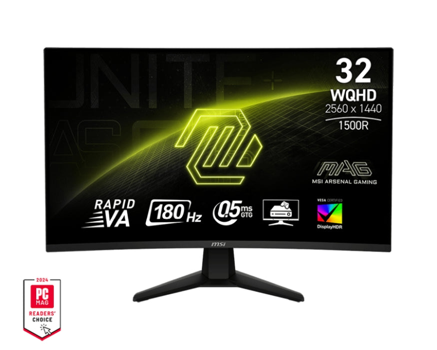 MSI MAG 32CQ6F, 31.5, 180Hz, 0.5ms, Rapid VA, WQHD 2560x1440, Curve 1500R, AG, Adaptive-Sync, DisplayHDR 400, CONSOLE MODE, AI Vision, LBL, 3500:1, DCR 100M:1, 1x DP(1.4), 2x HDMI (2.0b), 1 x Headphone Out, Tilt, VESA, Frameless, 4.8 kg