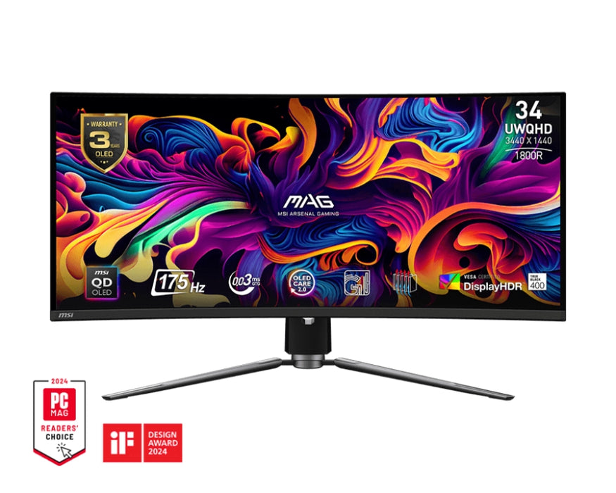 MSI MAG 341CQP QD-OLED, 34", 175Hz, 0.03ms, UWQHD 3440x1440, Oled Care 2.0, Fanless with Graphene, ClearMR 9000, HDR, KVM, 250 nits, 1500000:1, 100M;1, DP (1.4a), 2x HDMI (2.1), Type-C (DP alt. PD 15W), USB HUB, Adj.Stand 100mm, 6.7kg