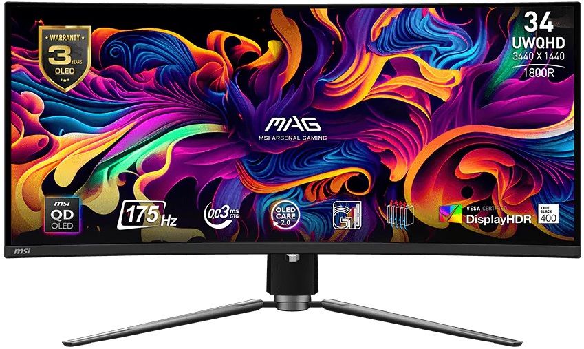 MSI MAG 341CQP QD-OLED, 34", 175Hz, 0.03ms, UWQHD 3440x1440, Oled Care 2.0, Fanless with Graphene, ClearMR 9000, HDR, KVM, 250 nits, 1500000:1, 100M;1, DP (1.4a), 2x HDMI (2.1), Type-C (DP alt. PD 15W), USB HUB, Adj.Stand 100mm, VES, 9S6-3DD04T-001