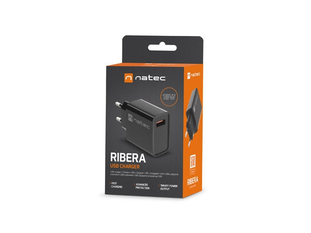 Natec USB Charger Ribera 1X USB-A 18W Black - Аксесоари<<<NATEC компютърна периферия<<<NATEC<<<PolyComp&&&USB зарядни и