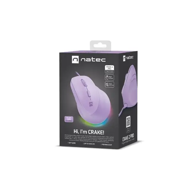 Natec Vertical Mouse Crake 2 Pro 12800DPI Optical Pure Lavander - Мишки<<<NATEC компютърна