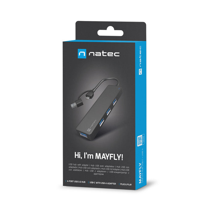 Natec Hub Mayfly USB-C 3.0 4 Port + USB-A Adapter Black