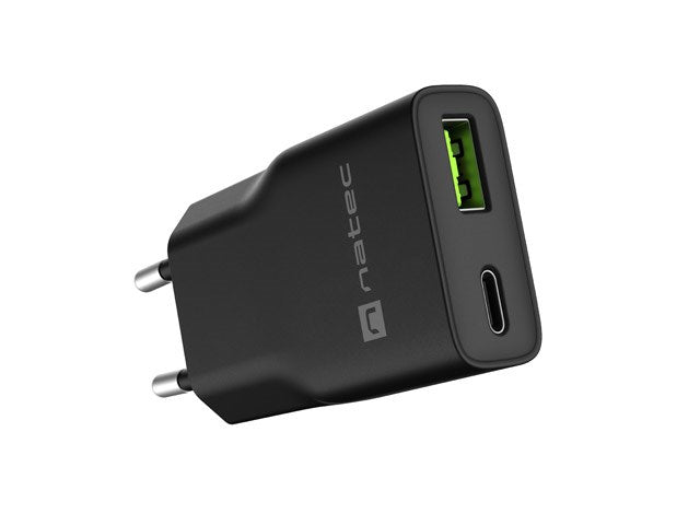 NATEC RIBERA GAN SLIM MAINS CHARGER 1× USB-A + 1× USB-C 20W BLACK