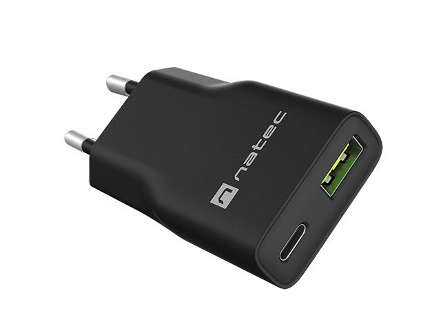 NATEC RIBERA GAN SLIM MAINS CHARGER 1× USB-A + 1× USB-C 20W BLACK