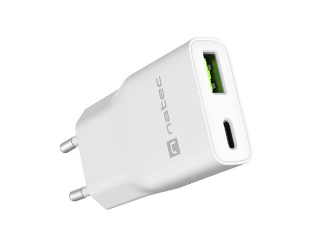 NATEC RIBERA GAN SLIM MAINS CHARGER 1× USB-A + 1× USB-C 20W WHITE