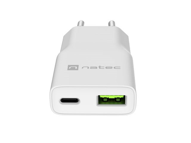 NATEC RIBERA GAN SLIM MAINS CHARGER 1× USB-A + 1× USB-C 20W WHITE