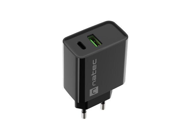 Natec USB Charger Ribera 1X USB-A + 1X USB-C 20W, Black