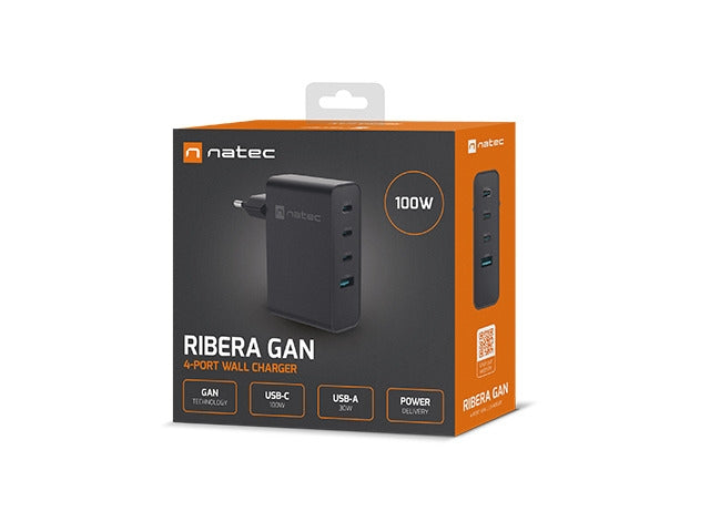 Natec USB Charger Ribera 3X USB-C + 1x USB-A 100W, Black