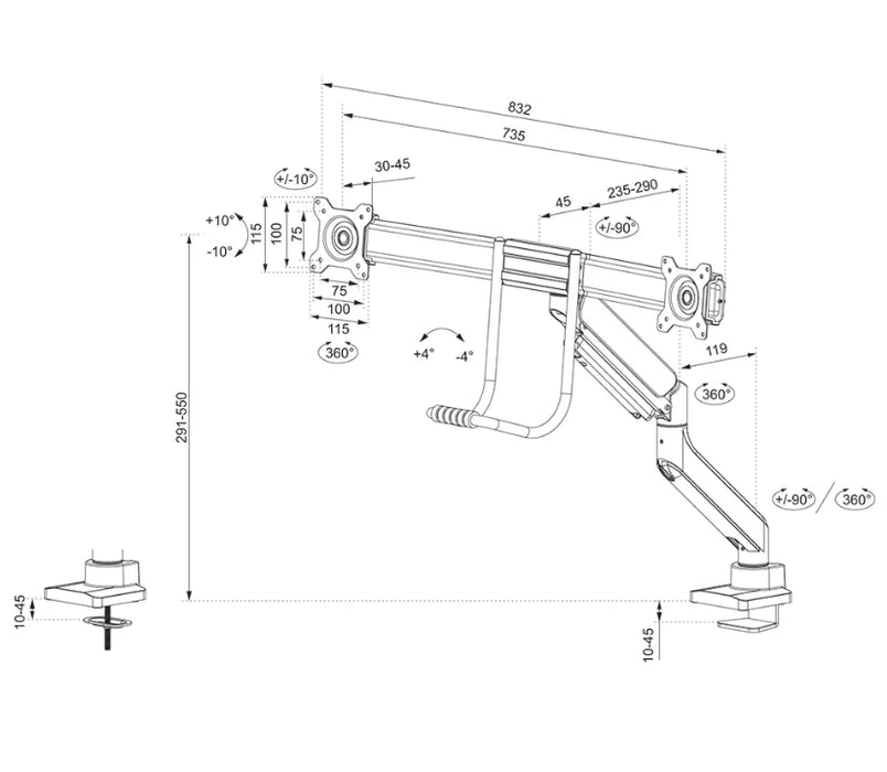 Neomounts Screen Desk Mount 2 screens (topfix clamp & grommet) for 2 Monitor Screens, White