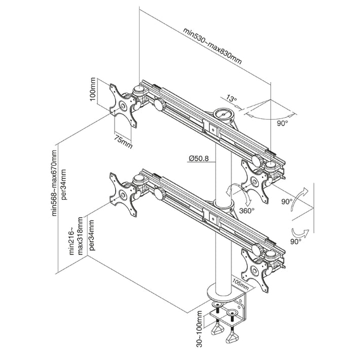 Neomounts Flat Screen Desk Mount (clamp) for 4 Monitor Screens