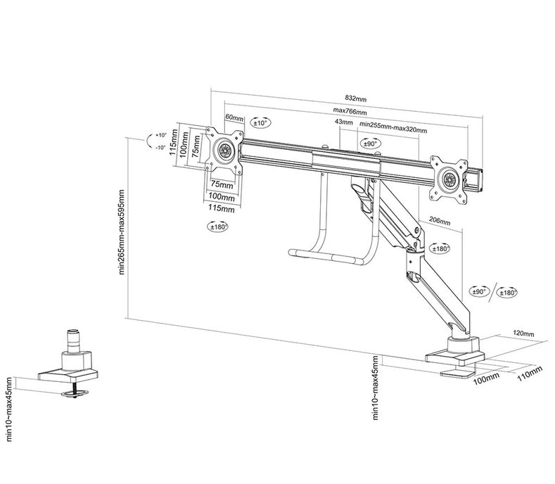 Neomounts Monitor arm 10-32" - gas spring - Topfix - 180°-stop
