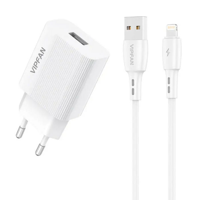 Network charger VFAN E01 1x USB 2.4A + Lightning cable (white) - mains chargers<<<Chargers<<<GSM Accessories<<<InnproXML