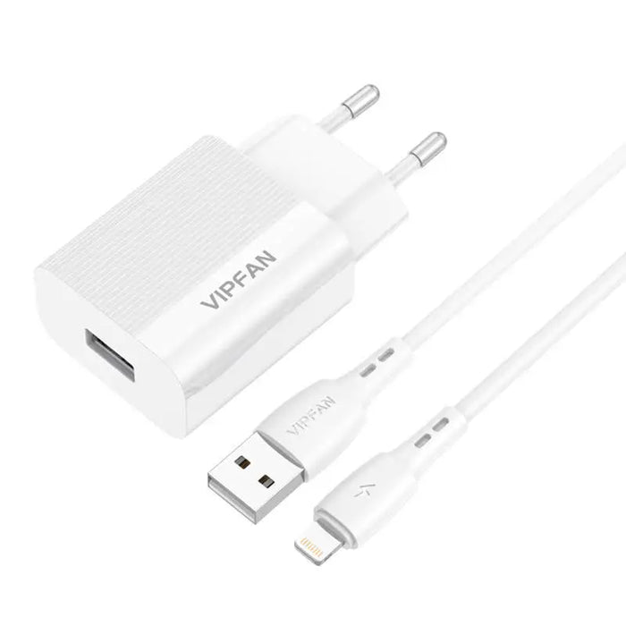 Network charger VFAN E01 1x USB 2.4A + Lightning cable (white) - mains chargers<<<Chargers<<<GSM Accessories<<<InnproXML