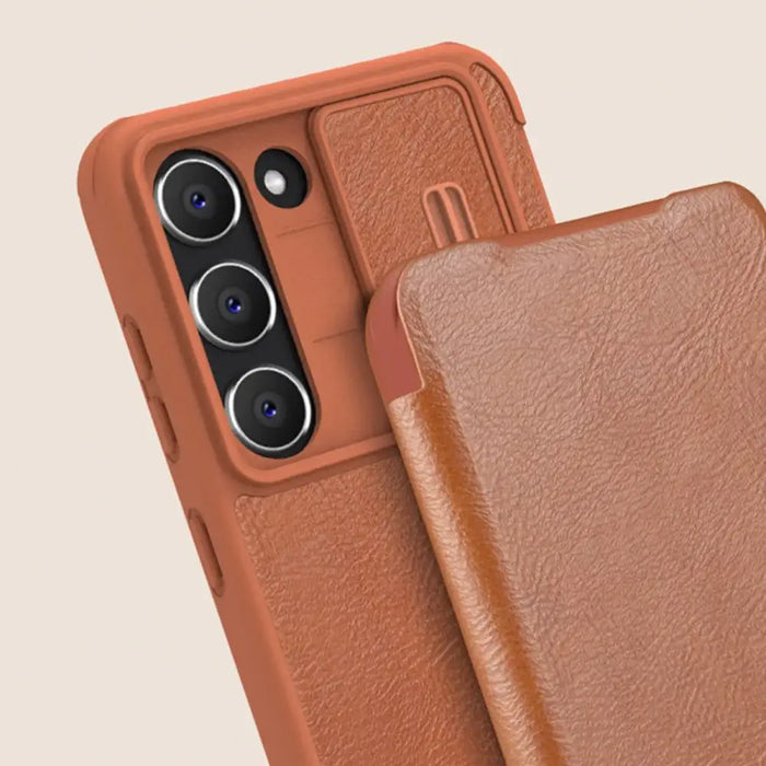 Nillkin Qin Leather Pro Case Case for Samsung Galaxy S23+ Cover with Flip Camera Protector Brown - Cell phone cases