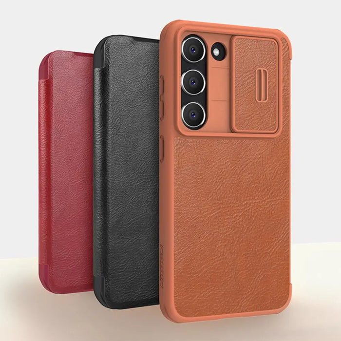 Nillkin Qin Leather Pro Case Case for Samsung Galaxy S23+ Cover with Flip Camera Protector Brown - Cell phone cases