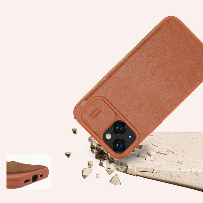 Nillkin Qin Leather Pro Case iPhone 14 Camera Cover Holster Cover Flip Case Brown - Cell phone cases