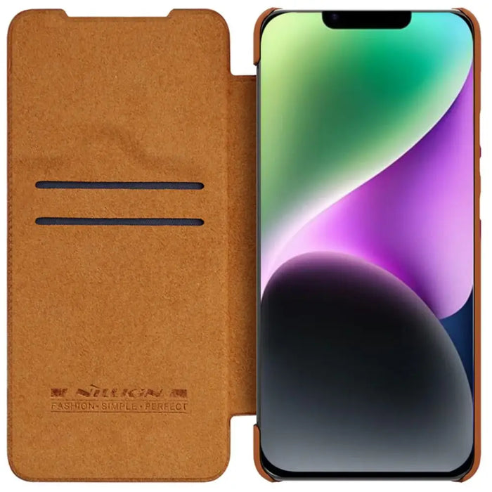 Nillkin Qin Leather Pro Case iPhone 14 Camera Cover Holster Cover Flip Case Brown - Cell phone cases
