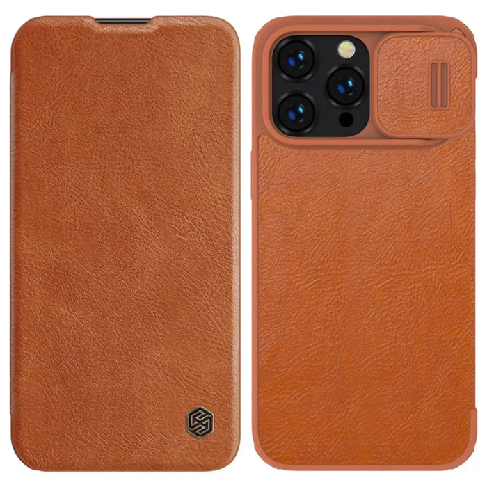 Nillkin Qin Leather Pro Case iPhone 14 Pro Camera Cover Holster Cover Flip Case Brown - Cell phone cases