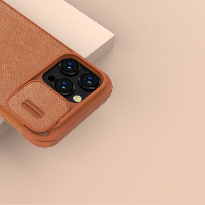Nillkin Qin Leather Pro Case iPhone 14 Pro Max Camera Cover Holster Cover Flip Case Brown - Cell phone cases