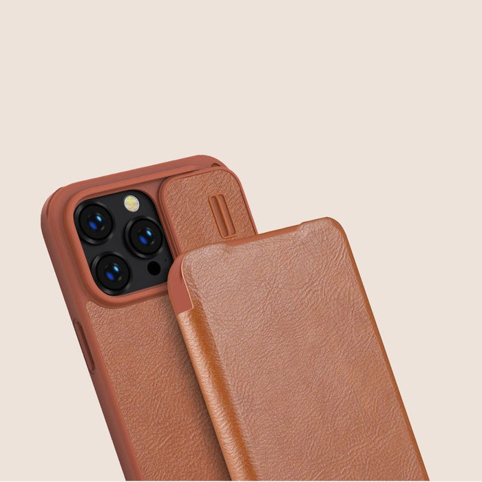 Nillkin Qin Leather Pro Case iPhone 14 Pro Max Camera Cover Holster Cover Flip Case Brown - Cell phone cases