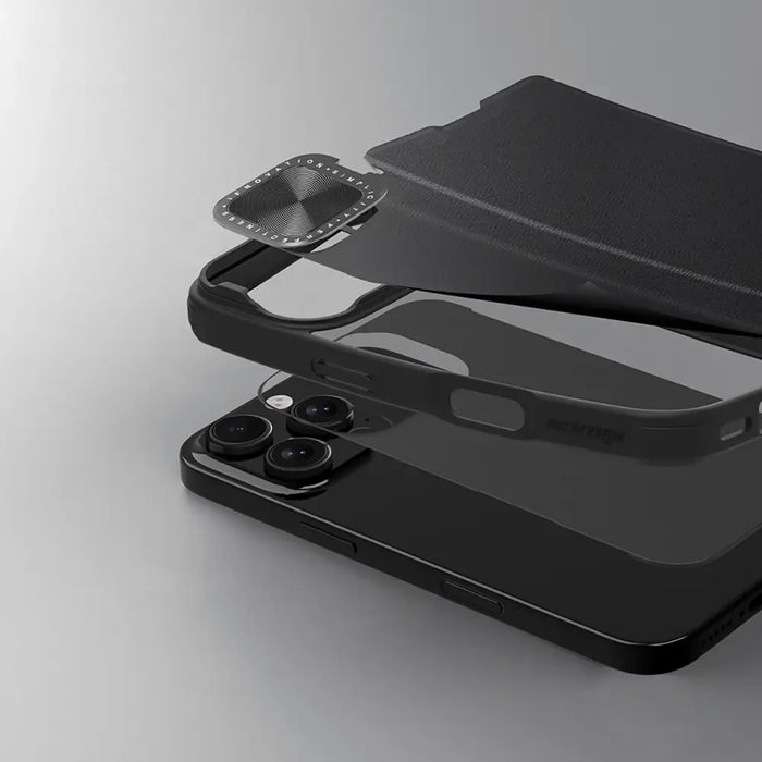 Nillkin Qin Prop Leather Case with Camera Cover and Stand for iPhone 16 Pro - Black - Cell phone cases